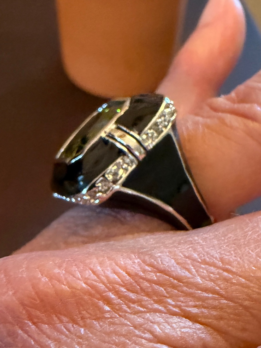 🐼 Silver and Green Gemstones Square Ring with Black Enamel, size 6 #0187 - Picture 2 of 2